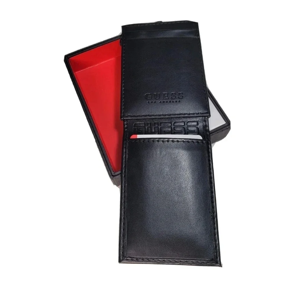 Guess Mens Black Slim Card Case Bifold Wallet with ID Window and Logo Box